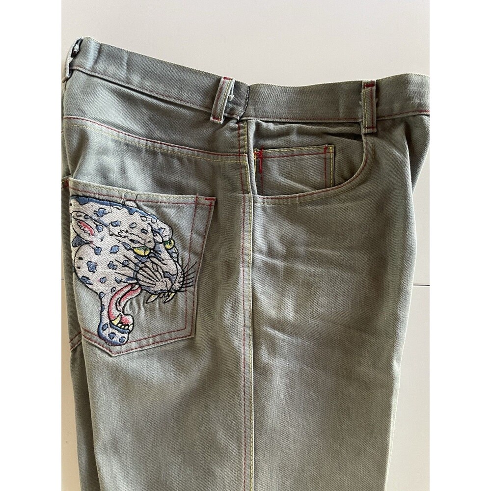 Vintage 32”x31” Light Wash Jeans With Leopard Embroidered Pocket